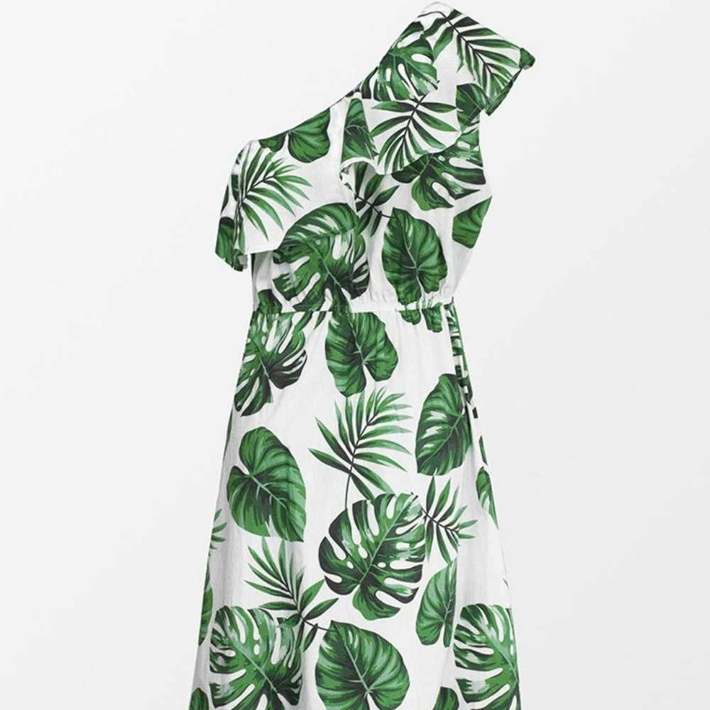 Violet Tropical One Shoulder Ruffle Dress